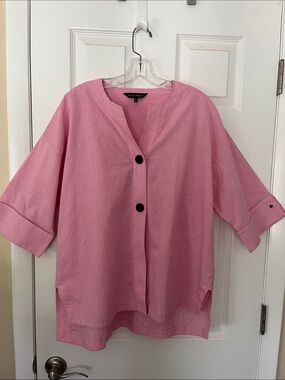 Ming Wang oversized pink two button shirts linen cotton cuff sleeve v neck LG